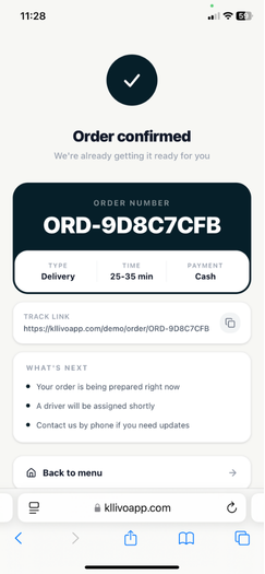 Kllivo order confirmation with order number, delivery time, payment method and tracking link Kllivo order confirmation with order number, delivery time, payment method and tracking link