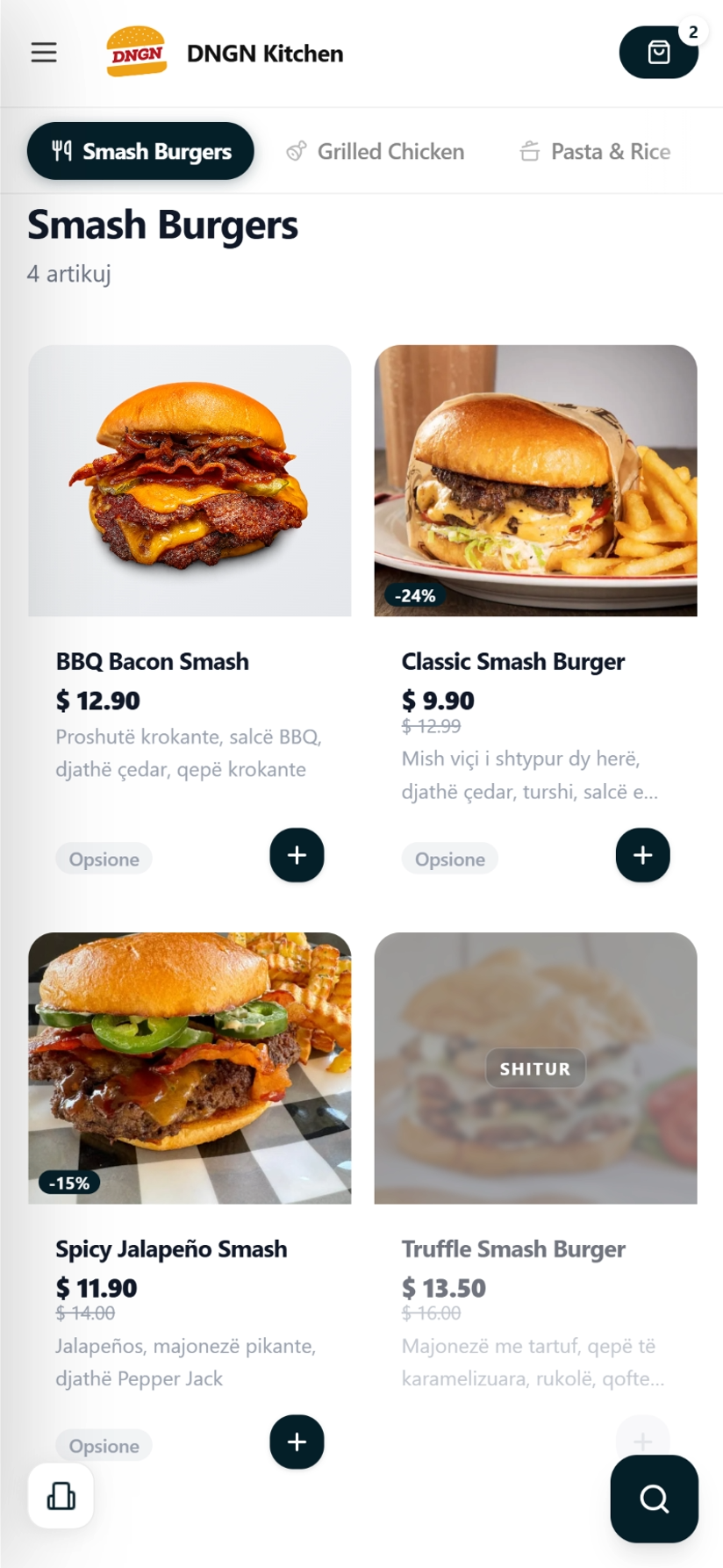 DNGN Kitchen menu with smash burgers, prices and ordering options