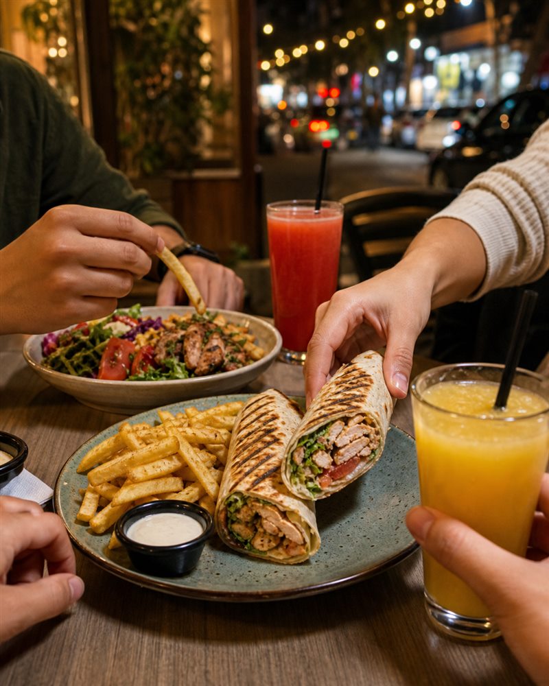 Friends sharing wraps and drinks at a neighborhood restaurant