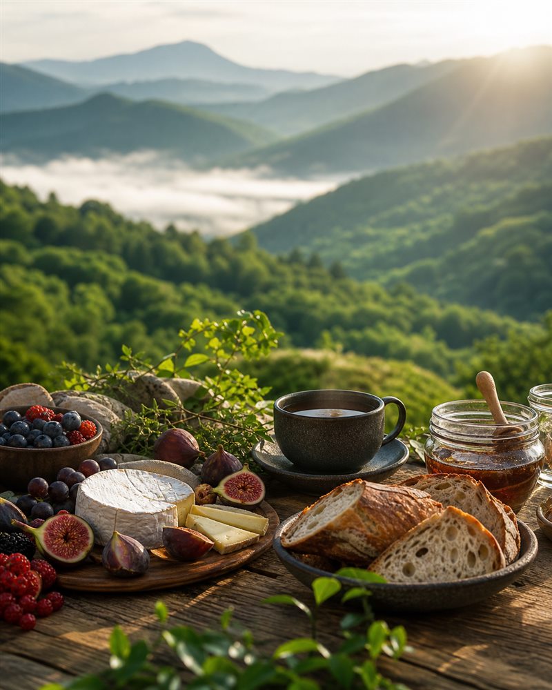 A brunch table overlooking green highlands