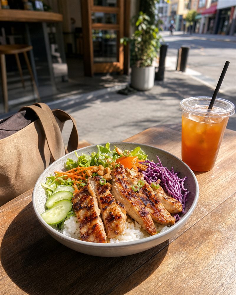 Rice bowl and drink at a casual lunch spot near work