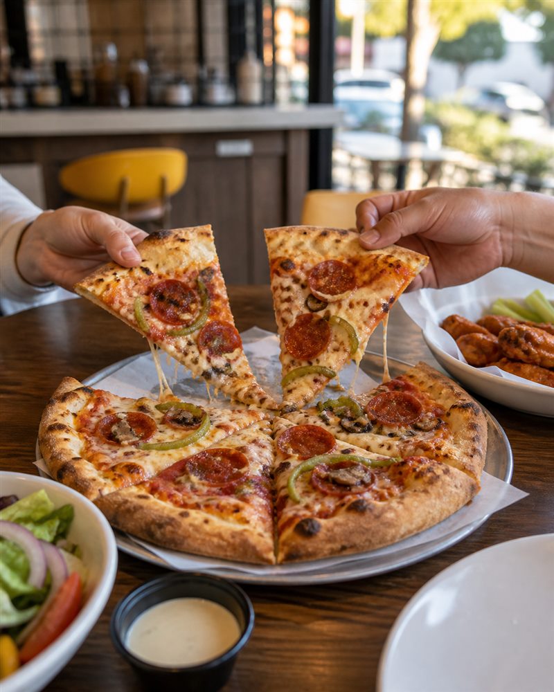 Friends sharing pizza at a casual nearby cafe